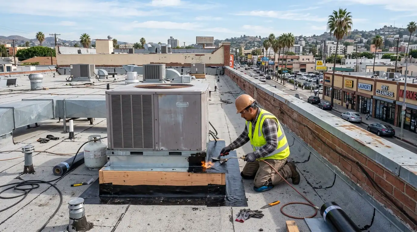 Roofer flashing an HVAC curb on a retail roof