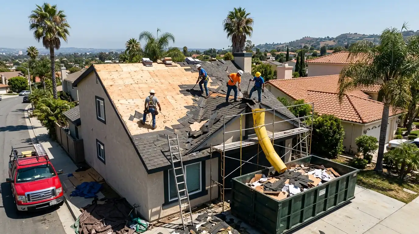 Crew tearing off old shingles down to the deck