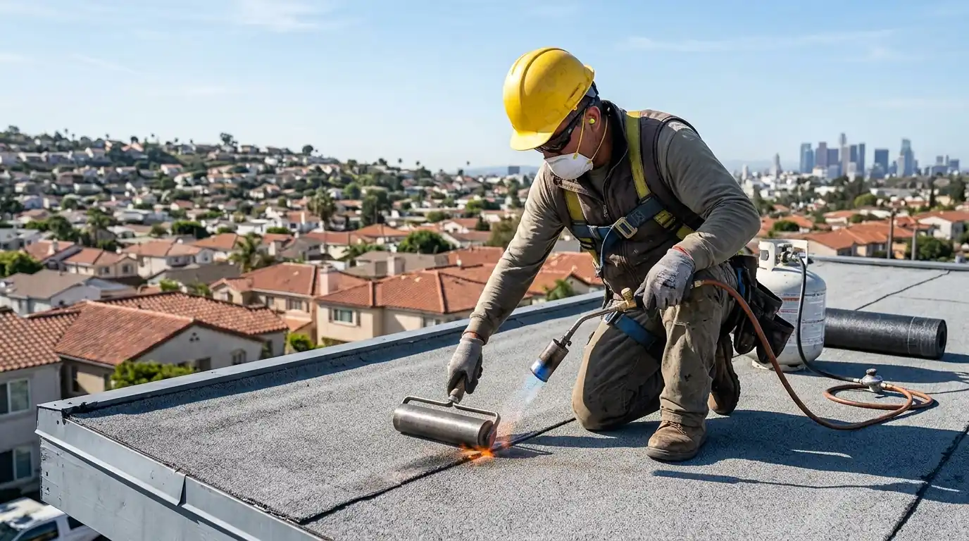 Roofer welding the lap of a torch down cap sheet on a Los Angeles flat roof