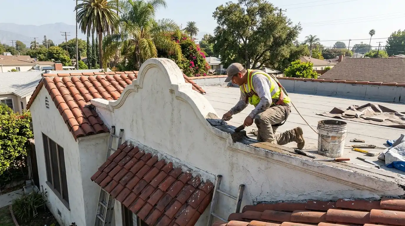 Roofer resealing a parapet cap on a Spanish revival home in San Gabriel