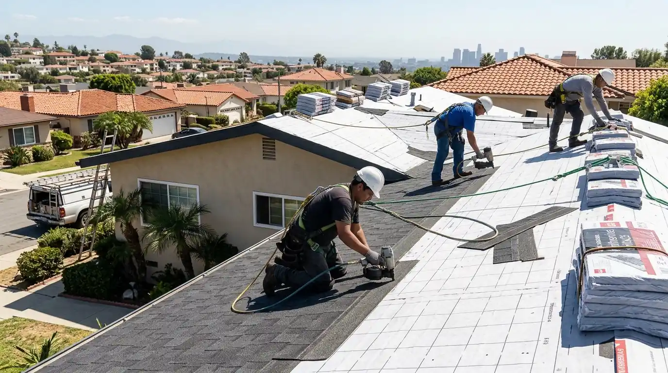Crew nailing architectural shingles on a Los Angeles ranch house