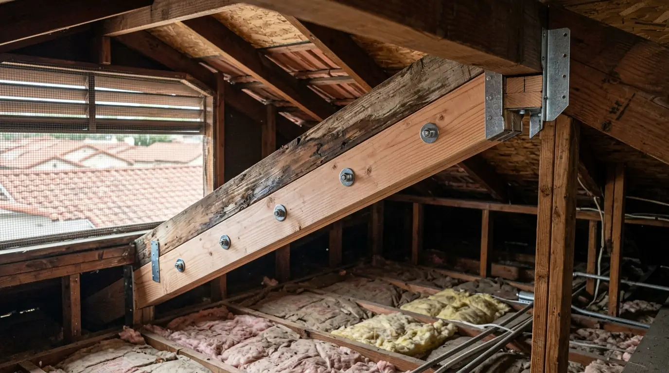 New lumber sistered to a water-damaged rafter