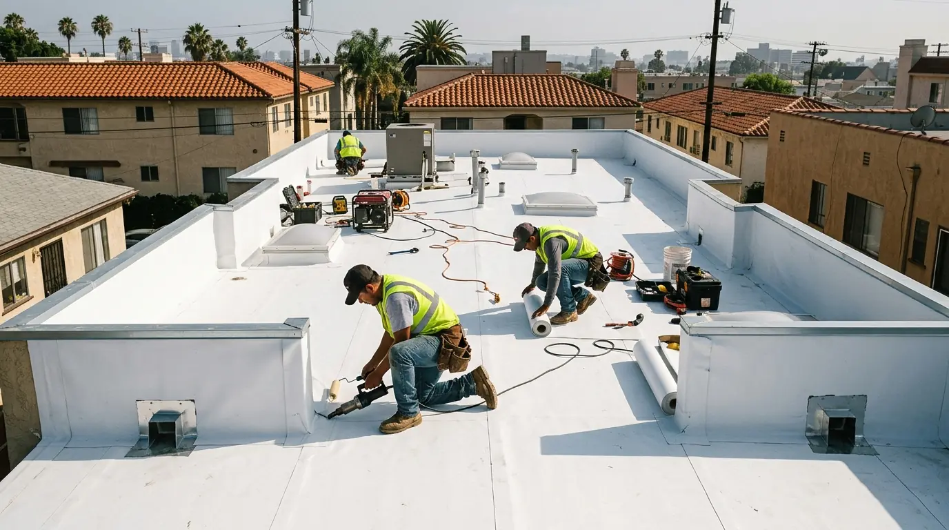 New white flat roof on a Los Angeles duplex