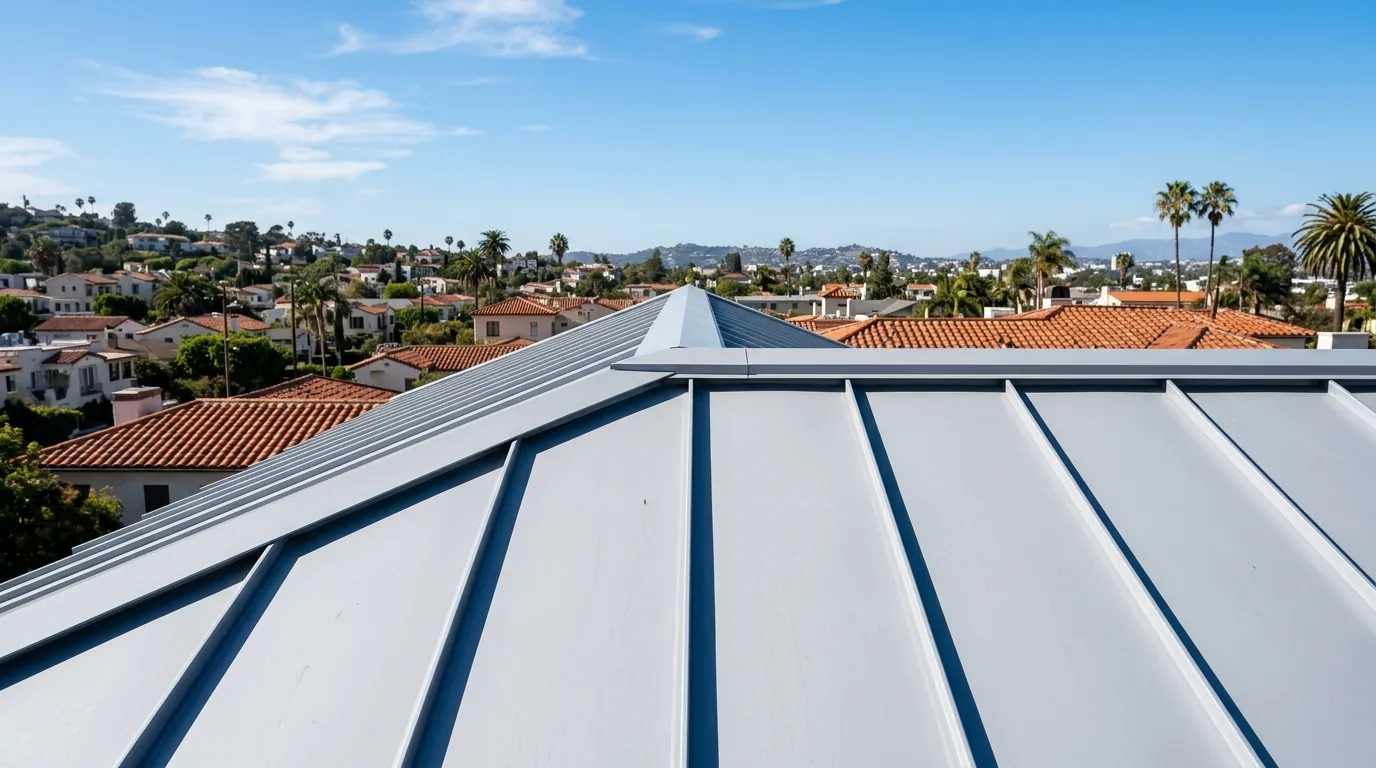 Raised standing seams on a light gray metal roof