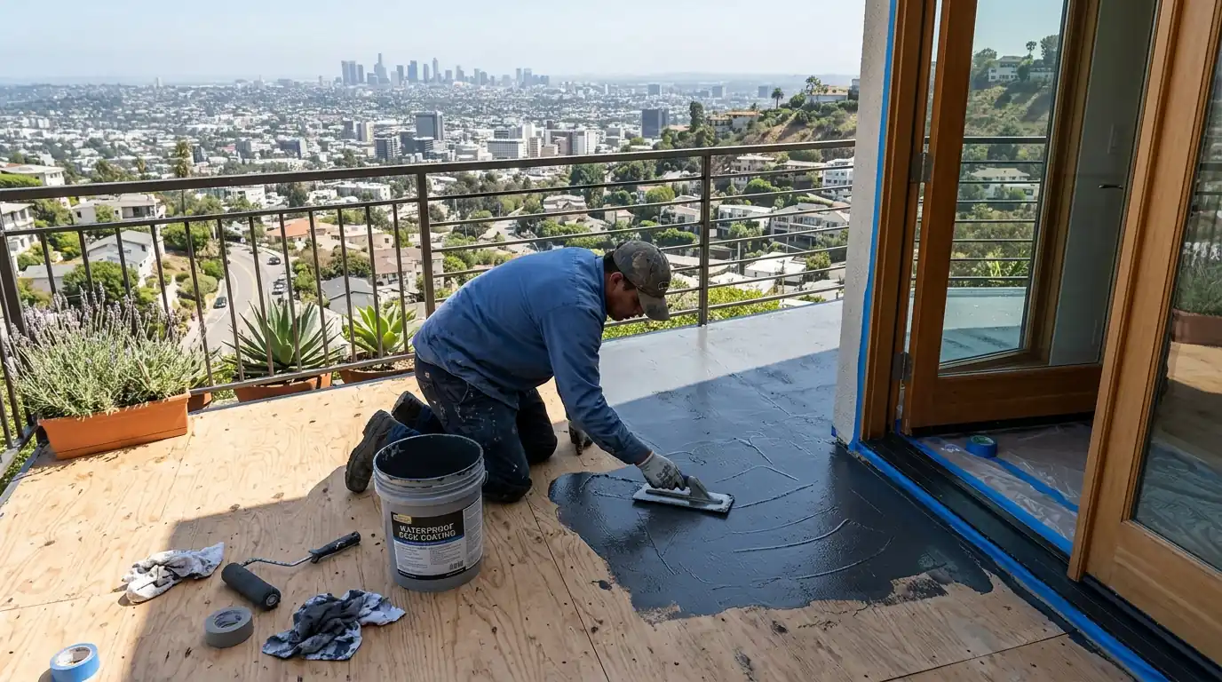 Applicator troweling a deck coating on a hillside balcony