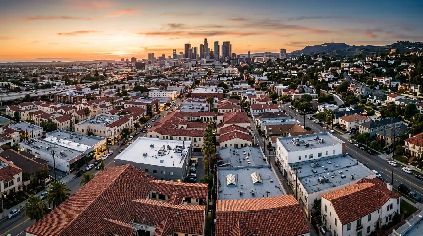 Los Angeles rooftops at dusk with tile and flat roofs