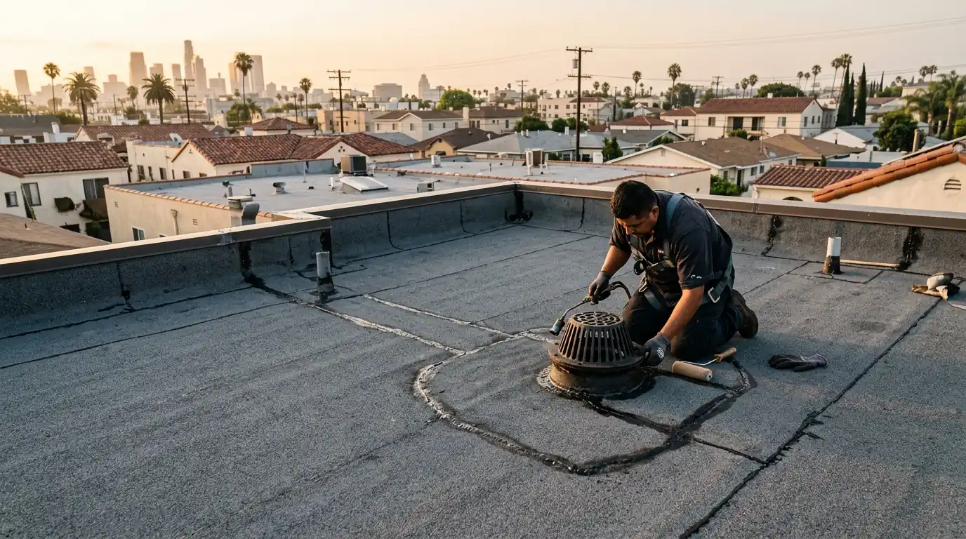 New two-ply torch down roof with a fresh drain on a Los Angeles duplex