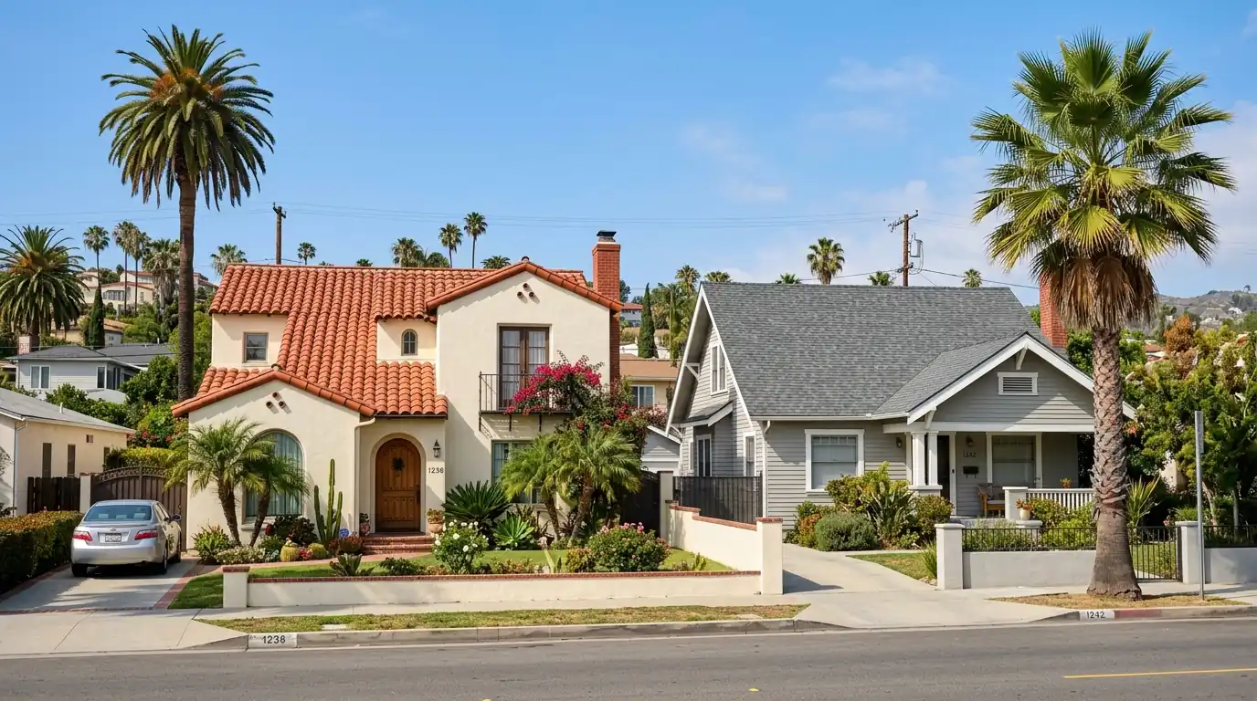 Neighboring homes with clay tile and shingle roofs