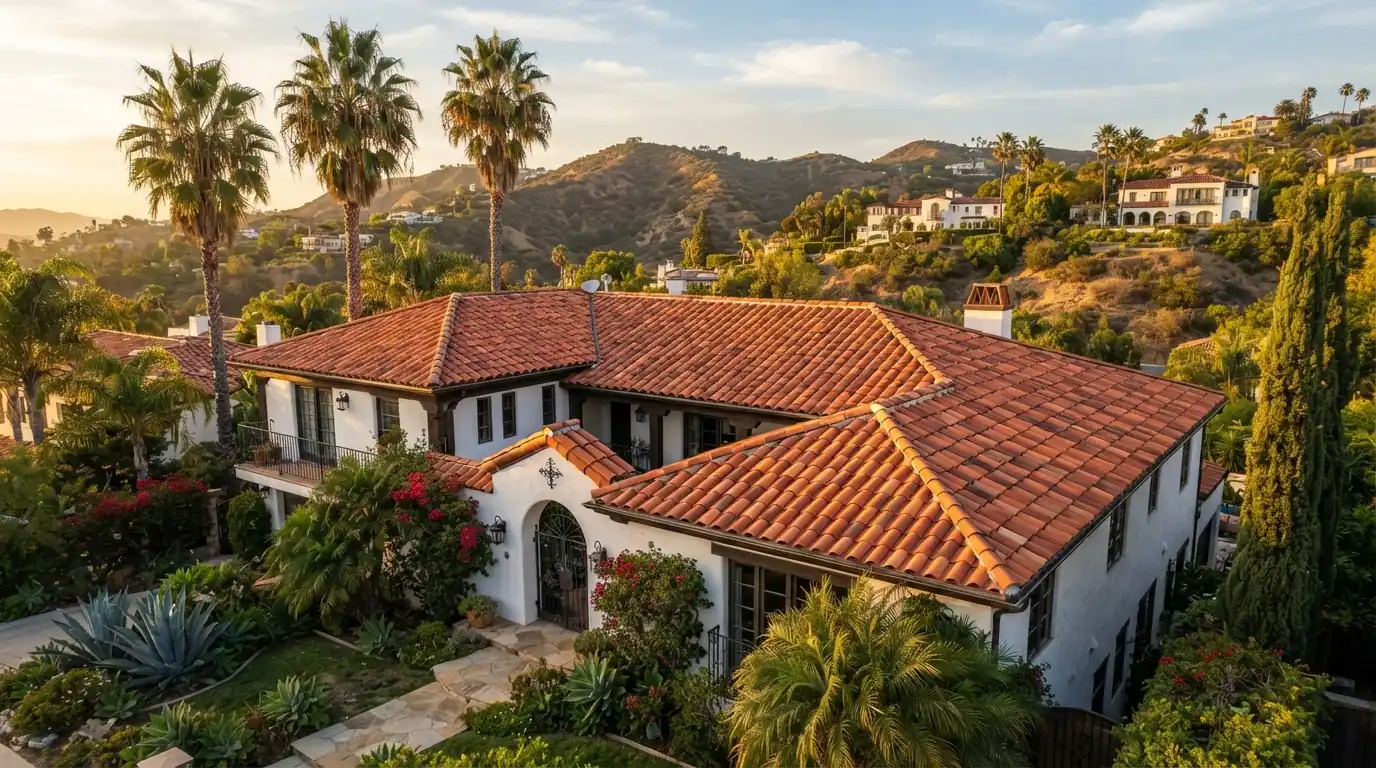 Finished terracotta tile roof on a Spanish style home in Los Angeles
