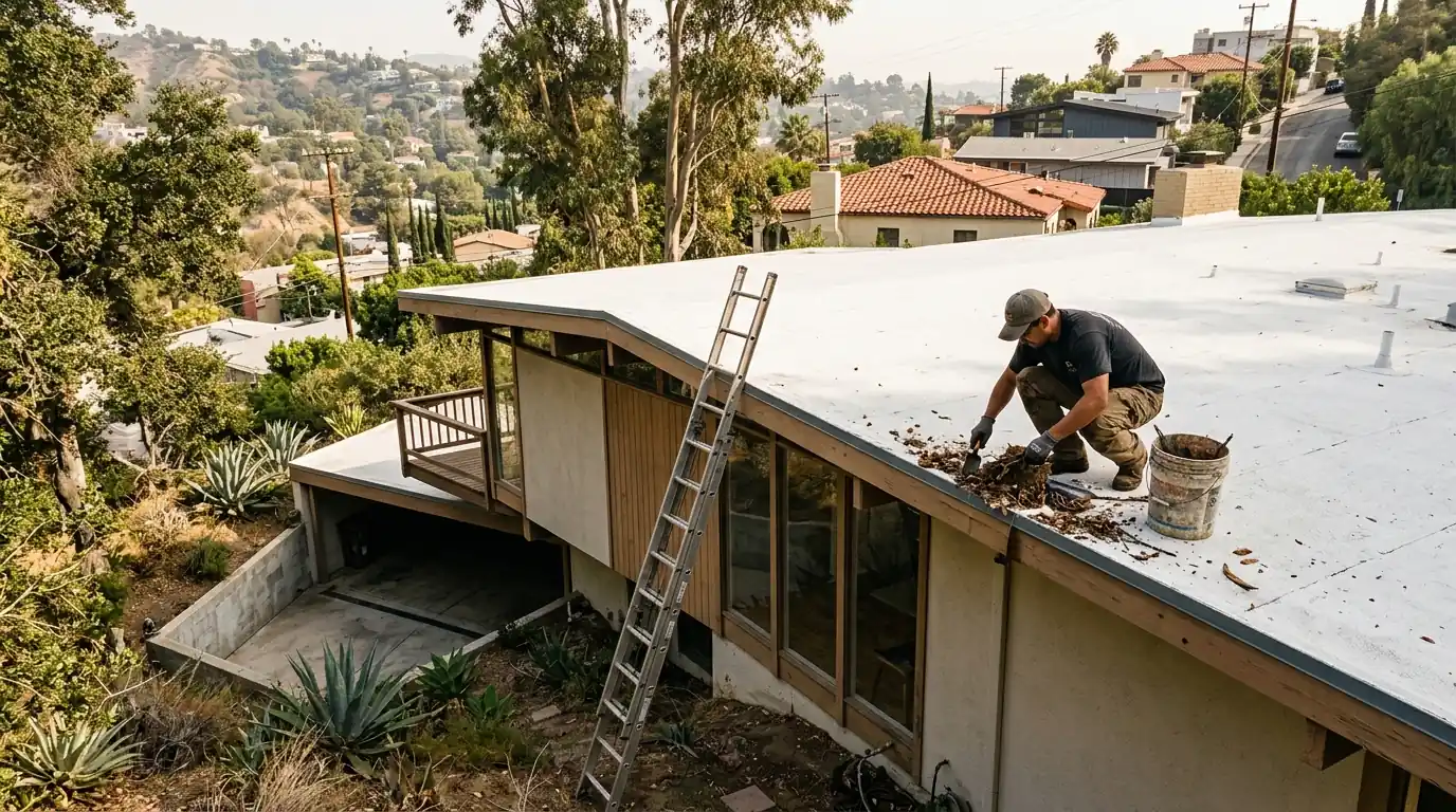 Roofer clearing a roof drain on a mid-century Eagle Rock home