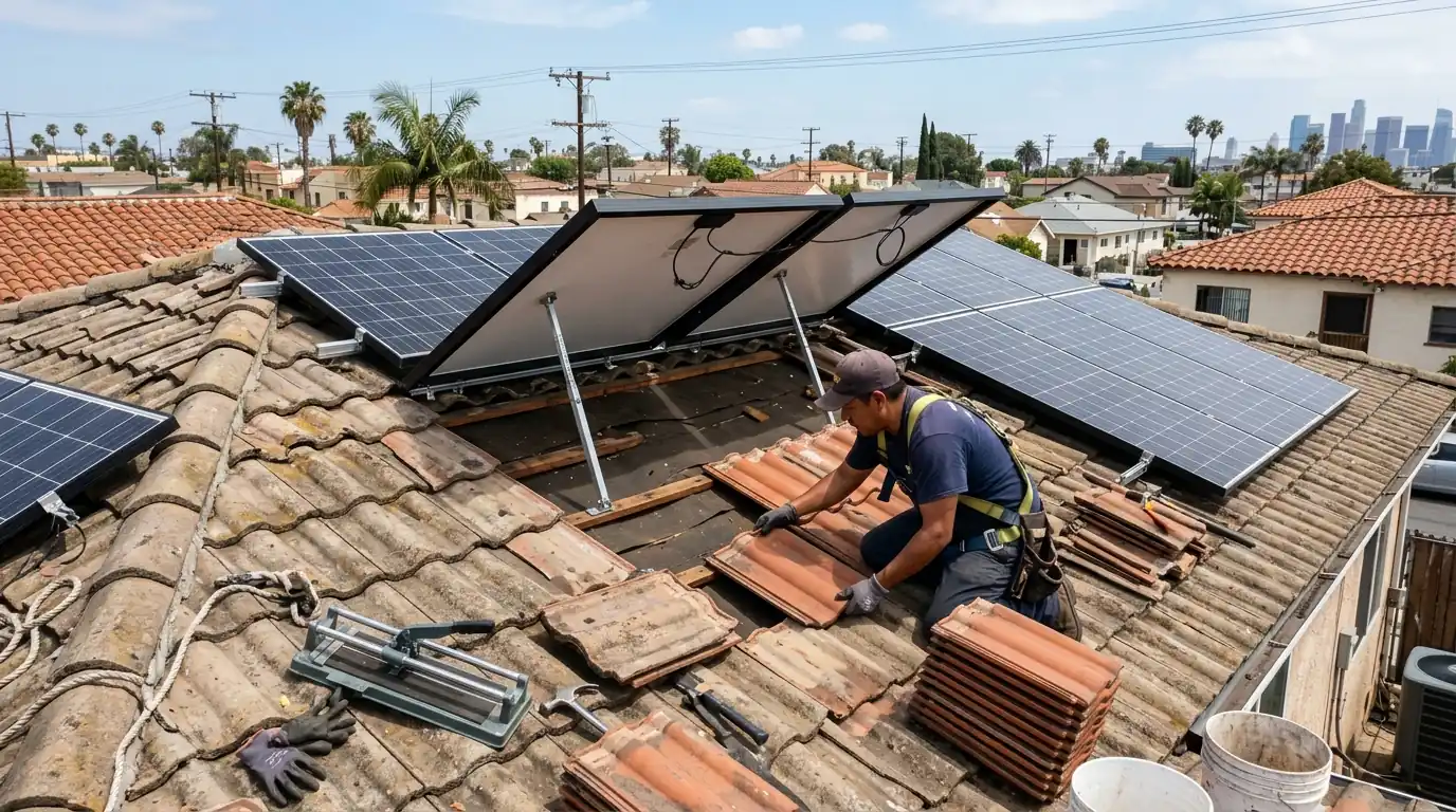 Two panels lifted aside to replace cracked tile beneath