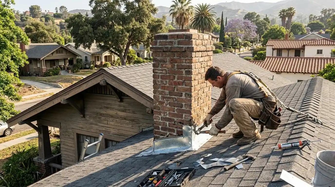 Roofer reflashing a brick chimney on an older Whittier home