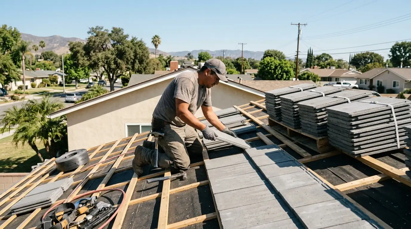 Roofer setting flat concrete tile on a Valley ranch home