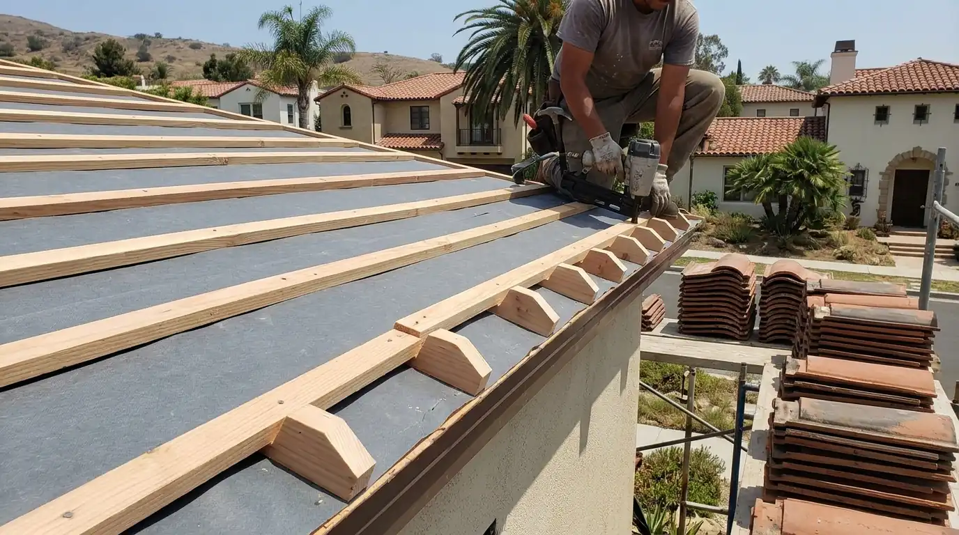 New battens and eave bird stops before relaying tile