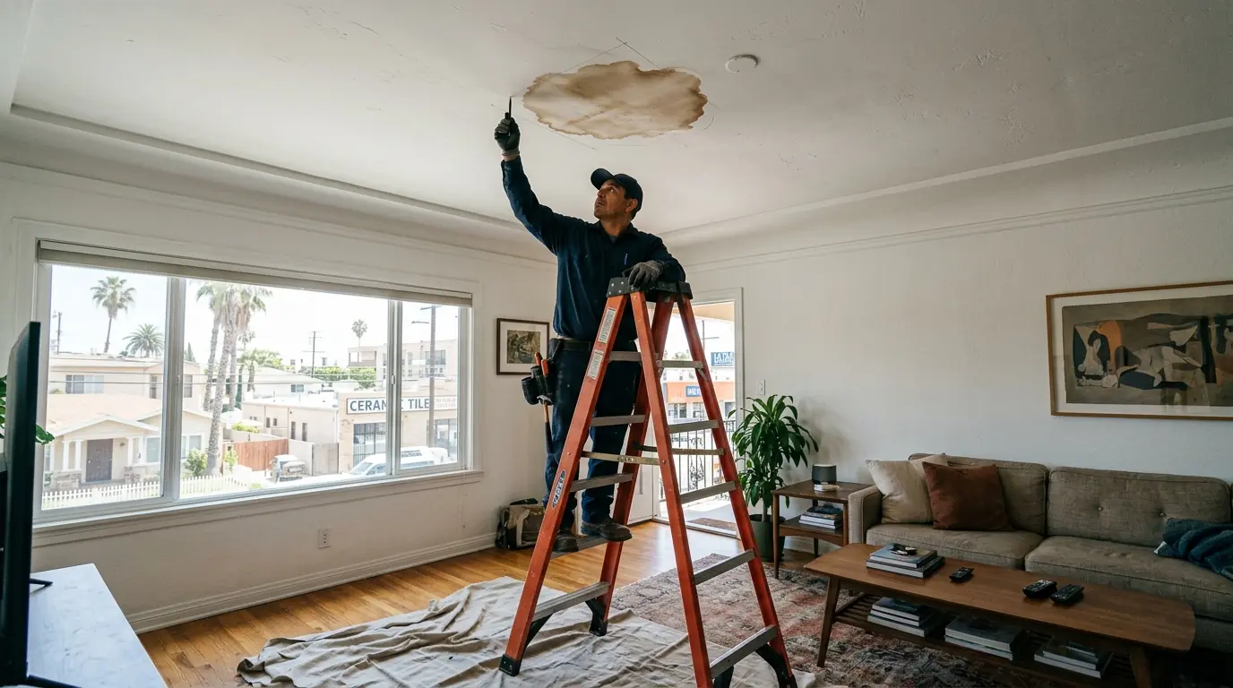 Roofer marking the edge of a ceiling water stain
