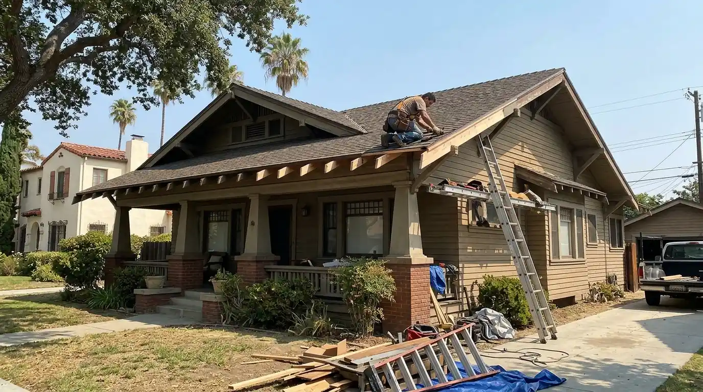 Roofer repairing the eaves of a Craftsman bungalow in Alhambra