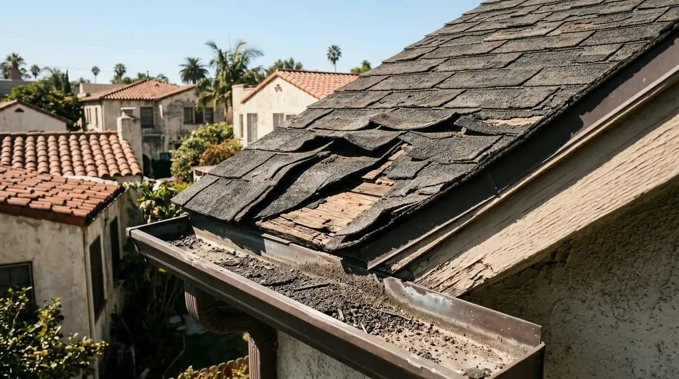 Curled, bald shingles on the sunny slope of an older roof