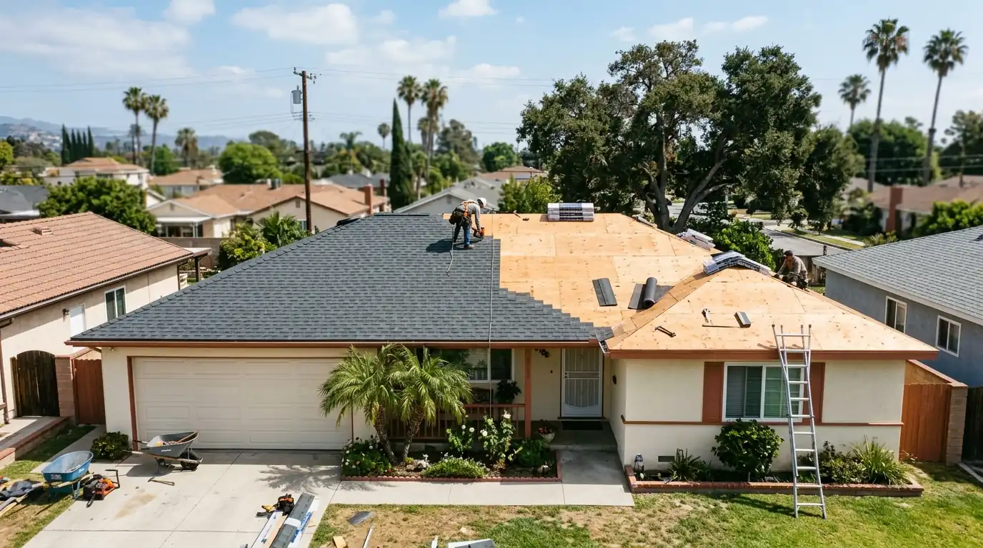 Half finished roof replacement on a Los Angeles ranch house