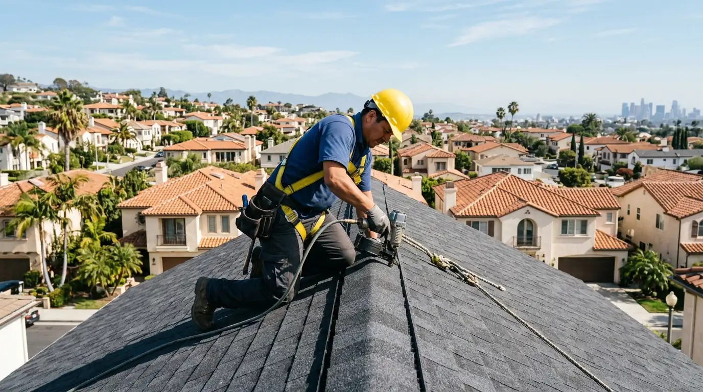 Roofer fastening a ridge cap on a new charcoal shingle roof in Los Angeles