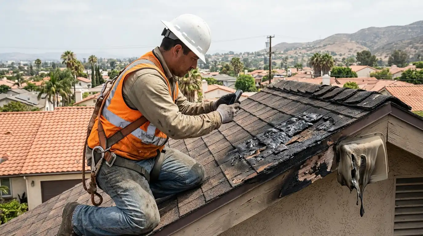 Roofer documenting heat-blistered shingles