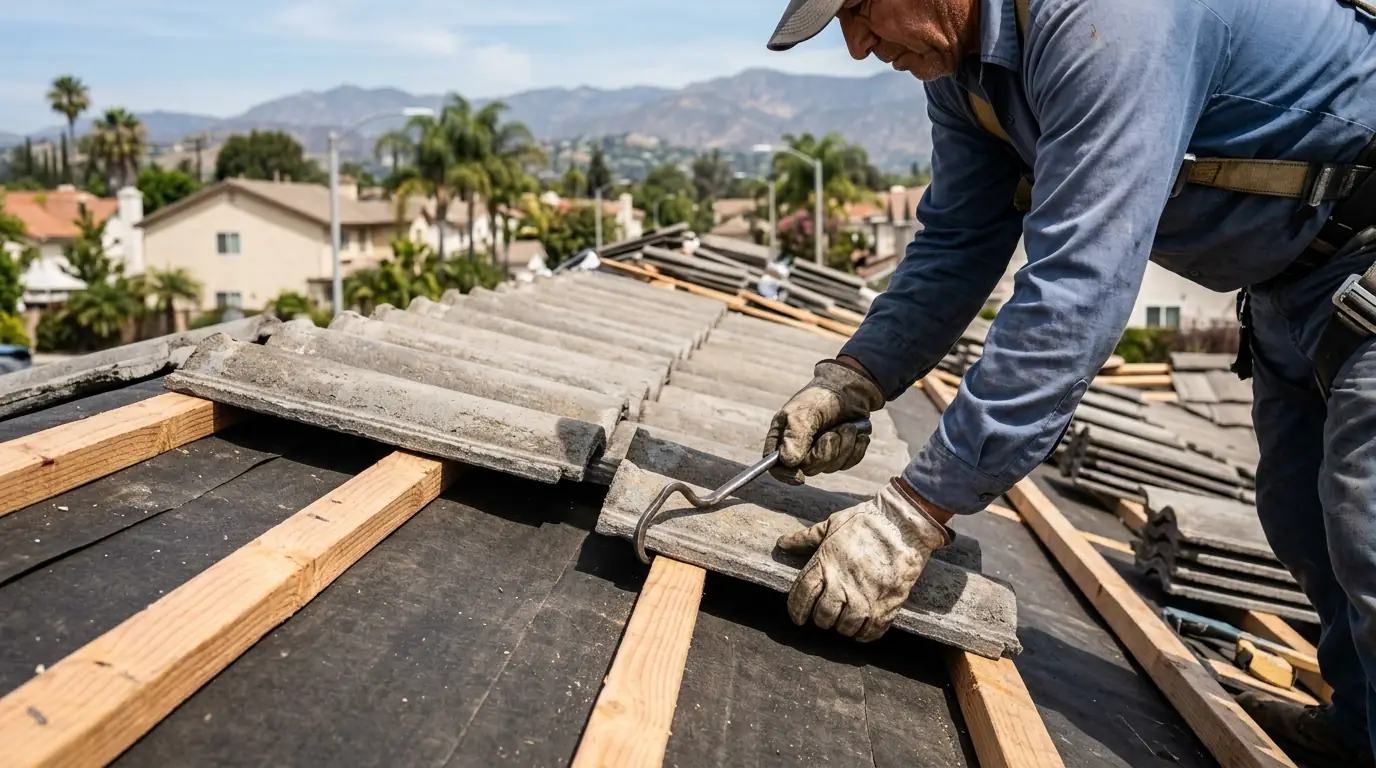 Concrete roof tiles being reset onto new battens