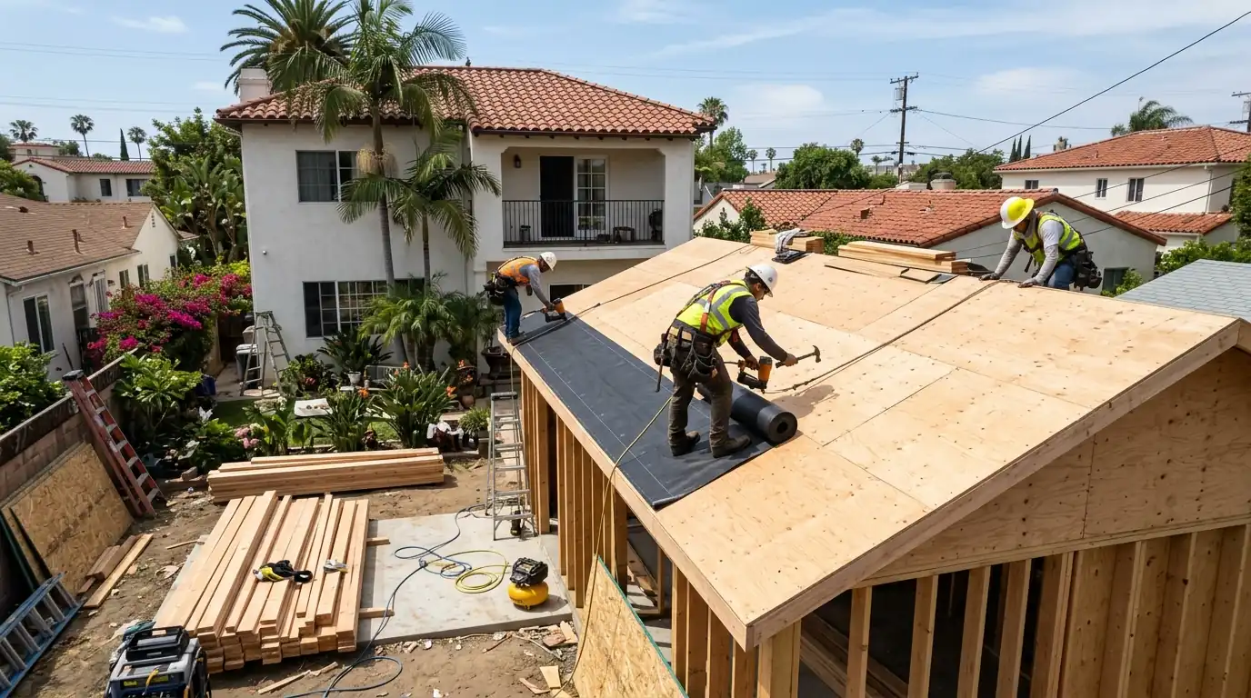Crew installing underlayment on a new backyard ADU