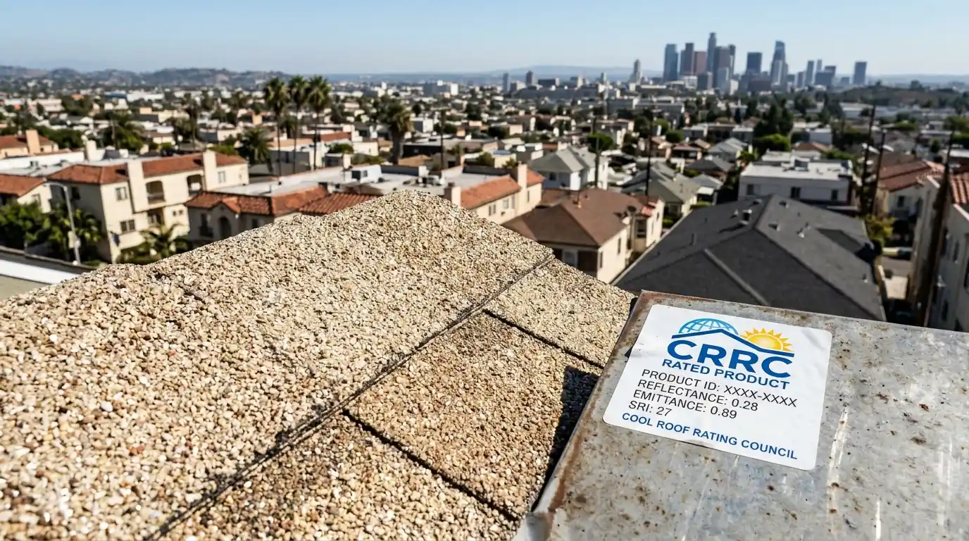 Cool-roof rated shingles beside a product label