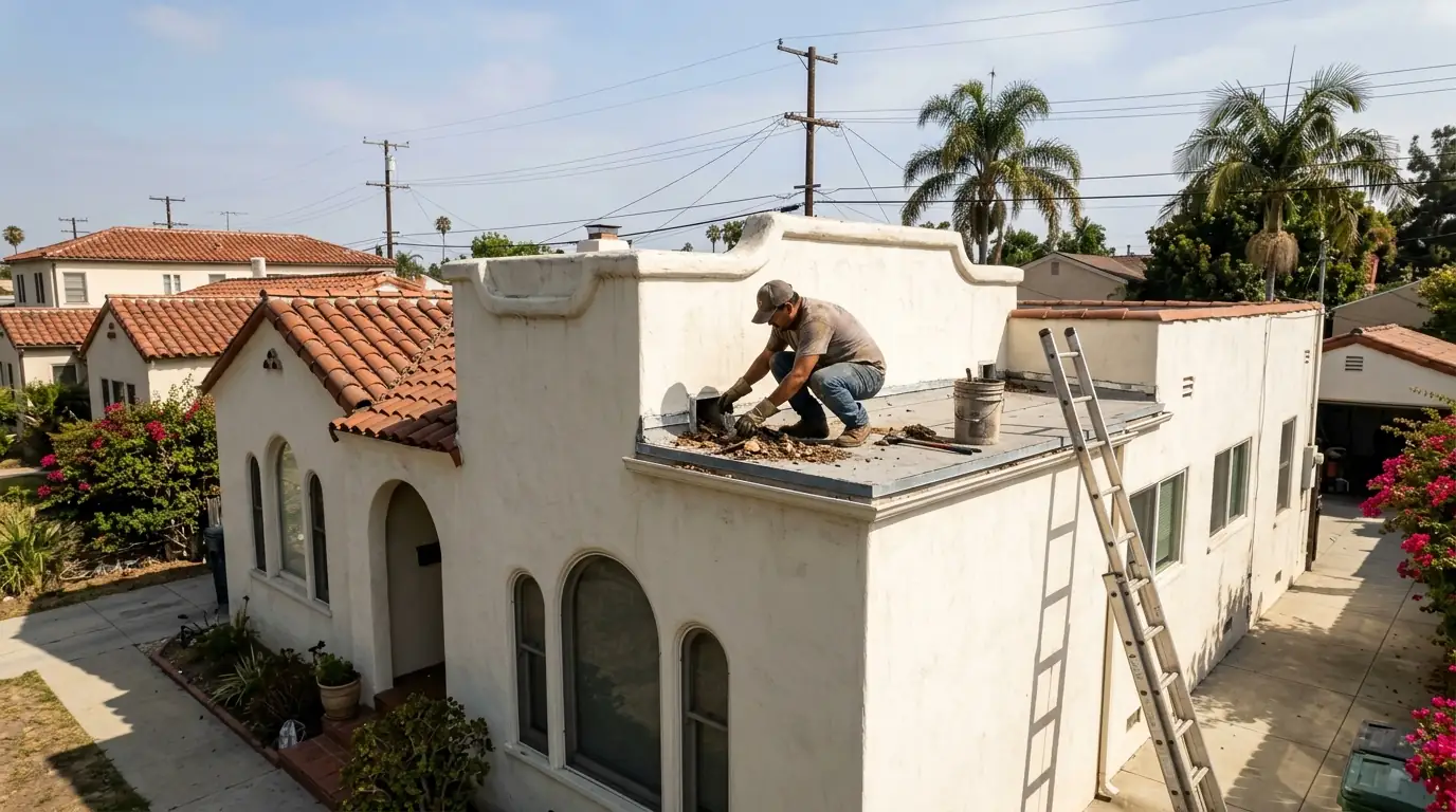 Roofer clearing a scupper on a Culver City bungalow