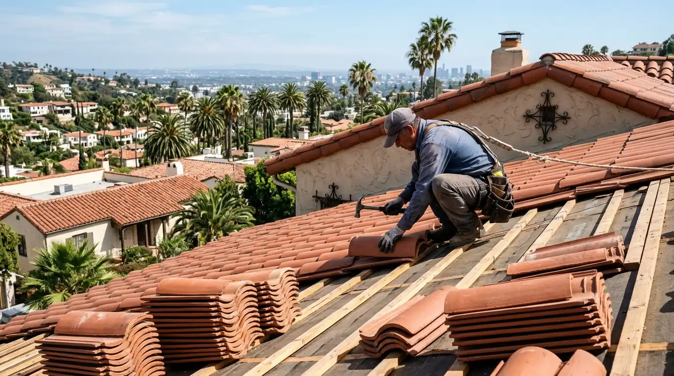 Roofer setting barrel clay tile on a Spanish revival home