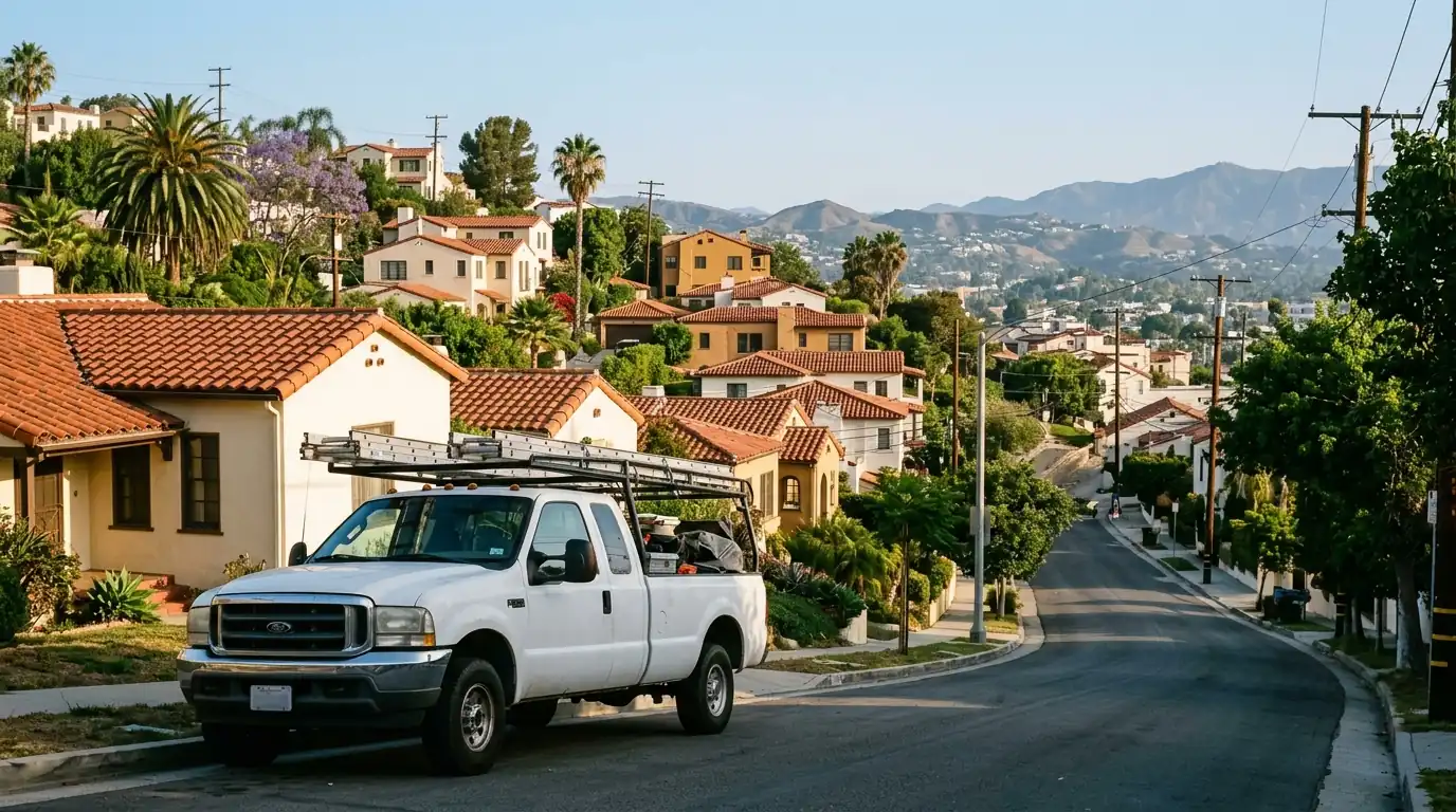 Roofing crew truck on a hillside street in El Sereno