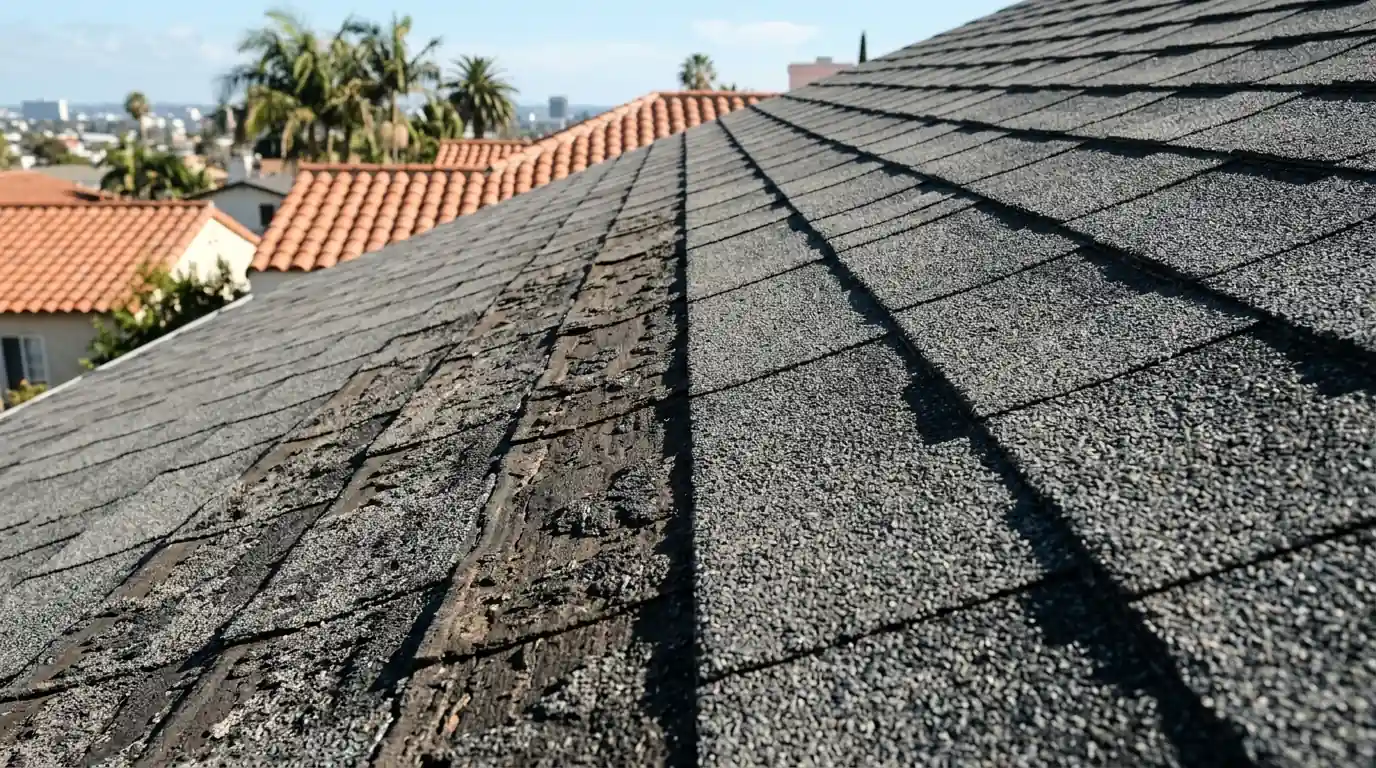 Bald shingles with granule loss beside intact ones