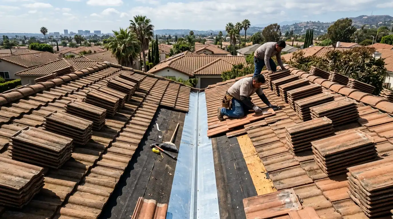 New metal valley flashing on an opened tile roof