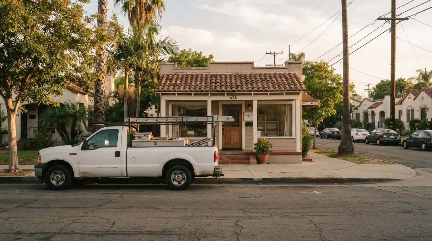 Contractor office front on a Los Angeles residential street with a work truck outside