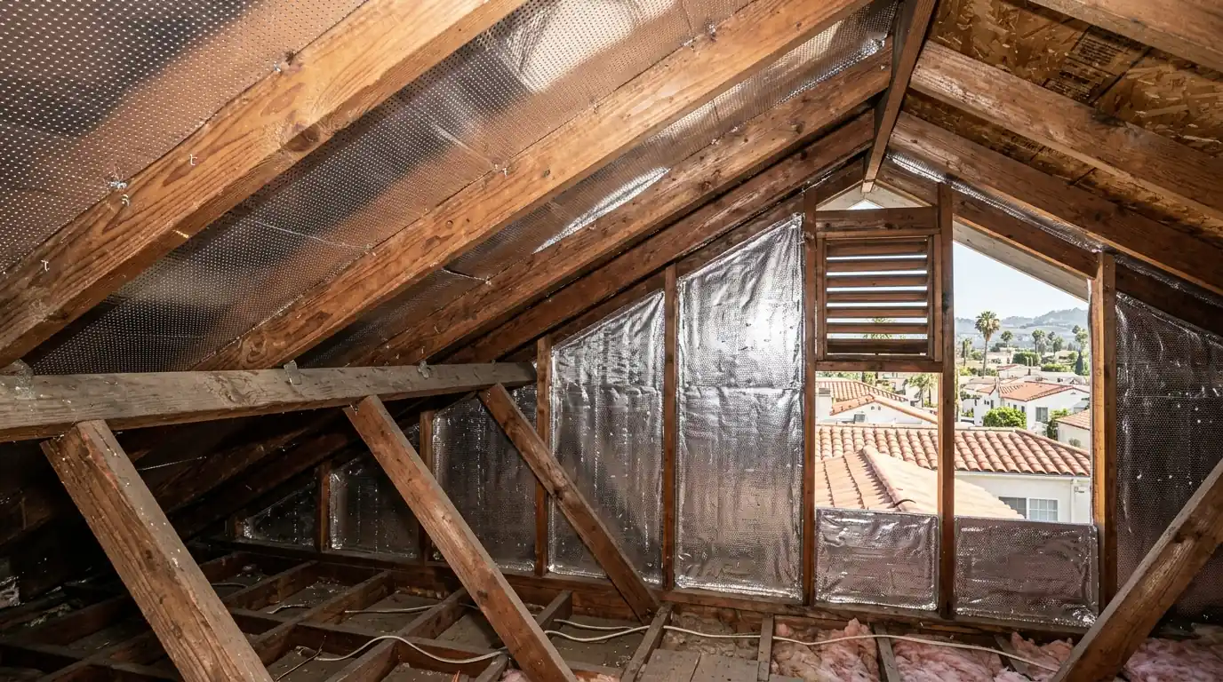 Retrofit foil across rafters and a gable end