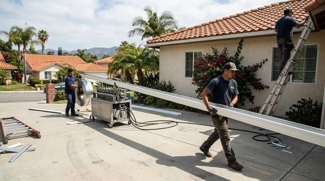 Crew forming a seamless gutter in the driveway