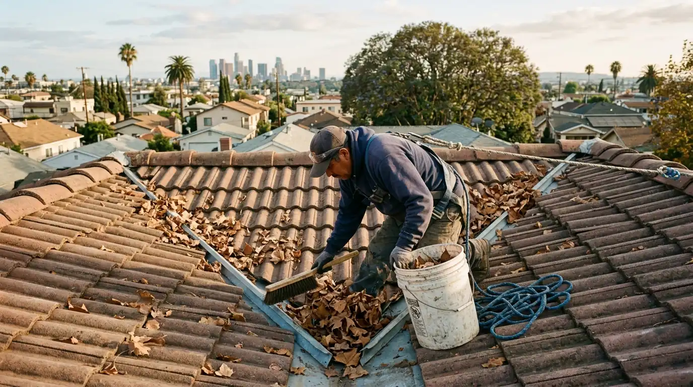 Roofer clearing leaves from a tile roof valley