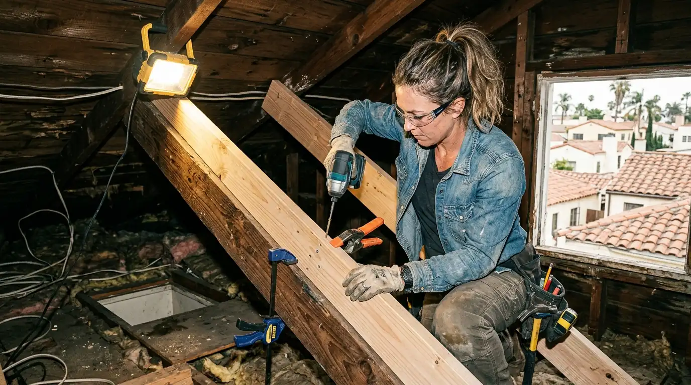 Carpenter sistering a new rafter to a cracked one