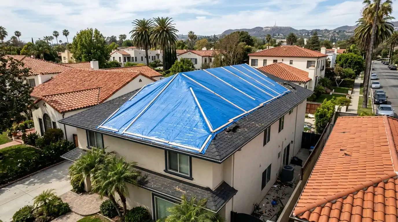 Tarp fastened with battens over a roof ridge after wind