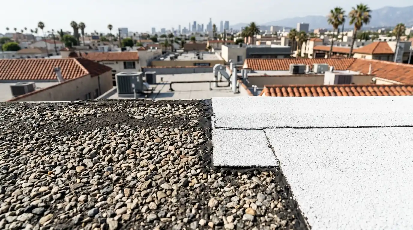 Gravel surface beside a new white cap sheet
