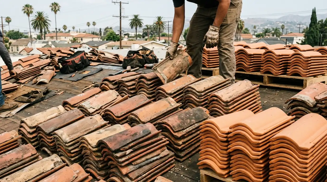 Salvaged and new clay tiles sorted by color