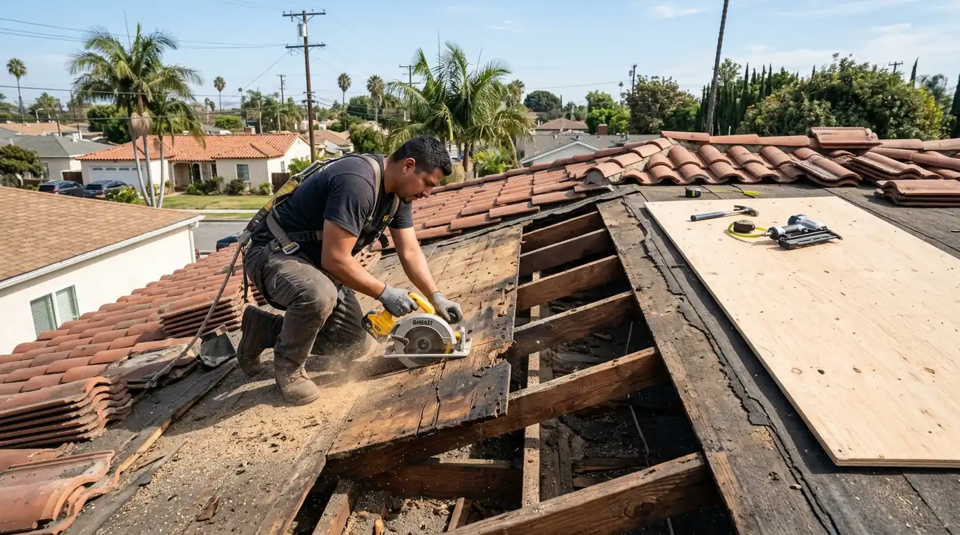 Roofer cutting out rotted plywood decking