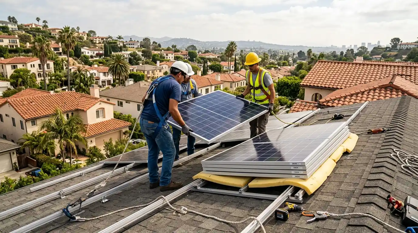 Crew lifting a solar panel off its rails before a re-roof