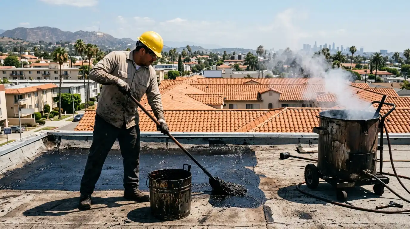 Roofer mopping hot asphalt over a felt ply