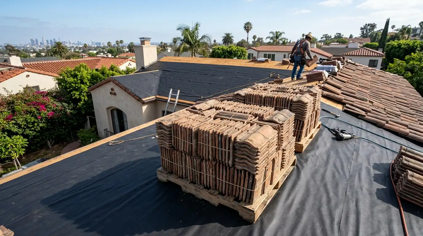 Original clay tiles sorted on pallets for reuse