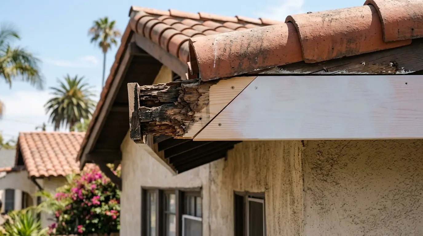 Rotted fascia cut out beside a new primed section