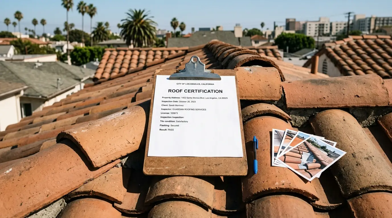Roof certification on a clipboard on a tile roof