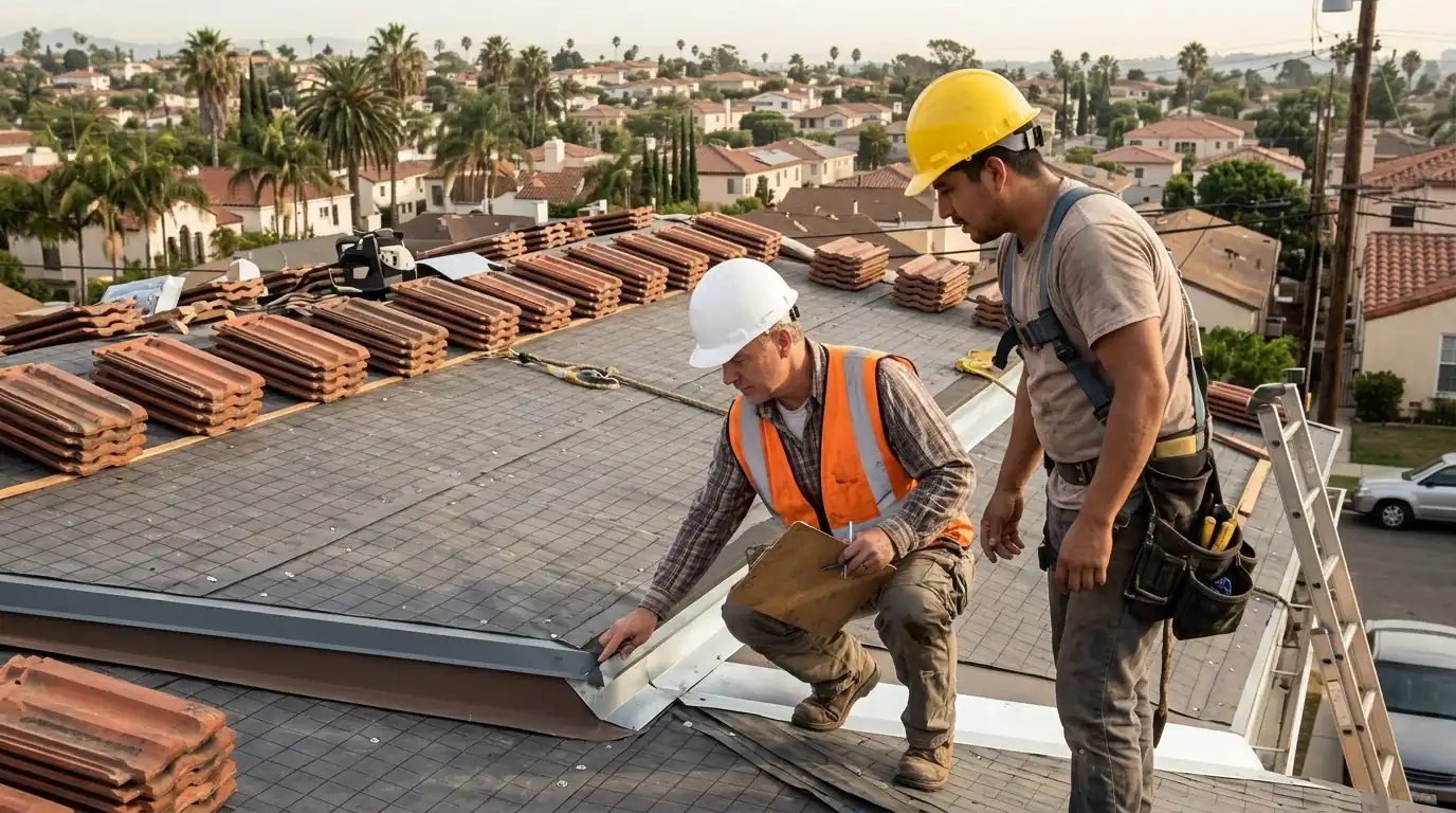 Inspector checking underlayment during a re-roof inspection