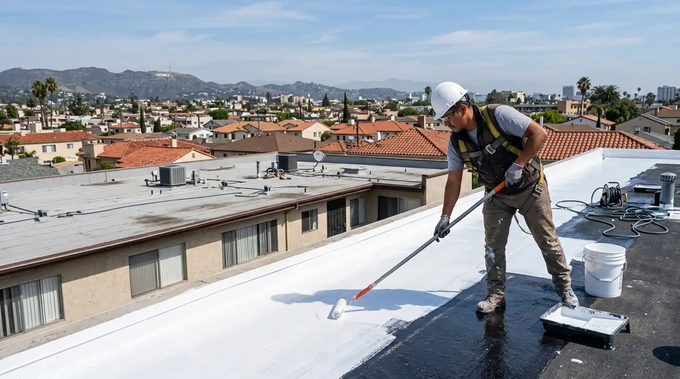 Roofer rolling silicone coating onto a flat roof