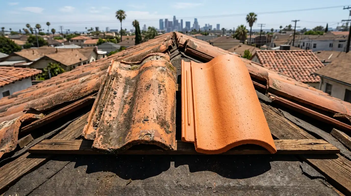 Cracked terracotta roof tile next to its matched replacement