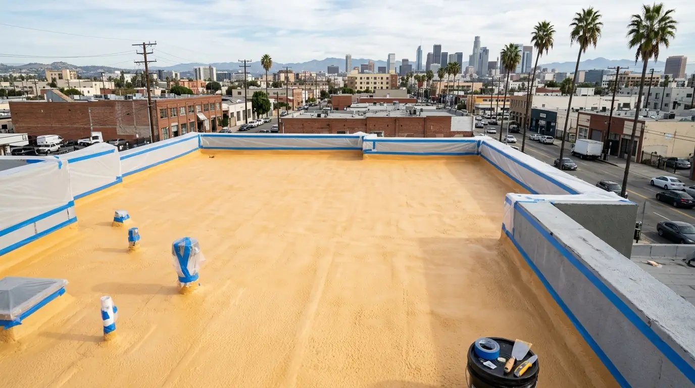 Freshly sprayed foam roof before coating
